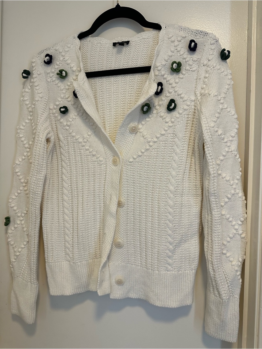 Talbots Cream Knit Cardigan with Green and Navy Flower Accents